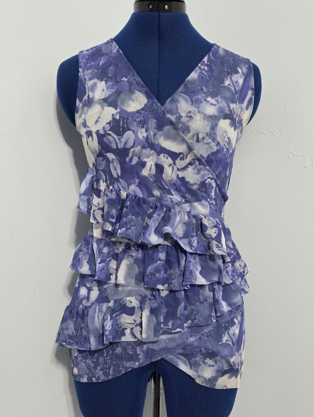 Y2K Purple Floral Micro Mesh Ruffle Tank Top Size S
